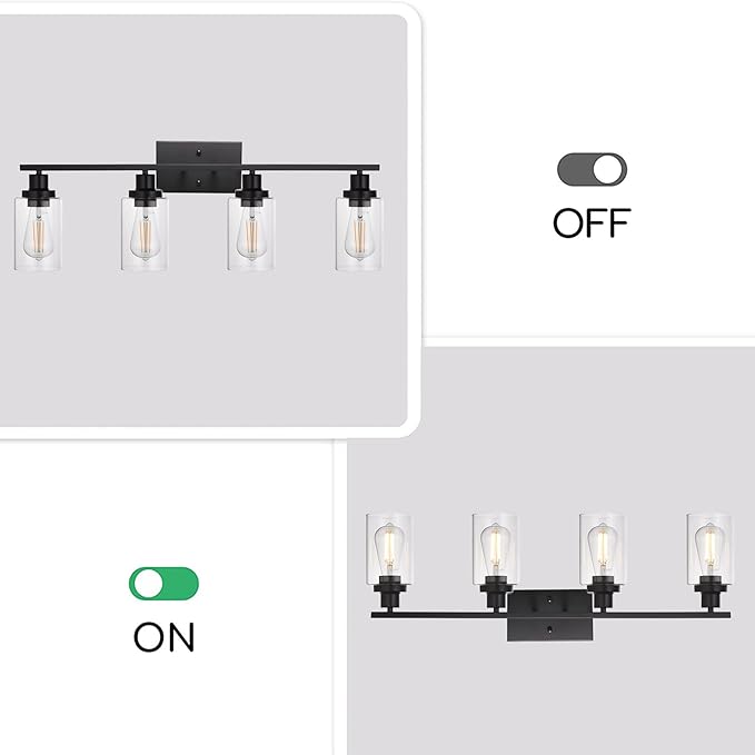 MELUCEE 4 Lights Sconces Wall Lighting Black with Clear Glass Shade, Industrial Bathroom Light Fixtures Vanity Lights Porch Light Fixtures Wall Mount (Patent No.: US D963914 S)