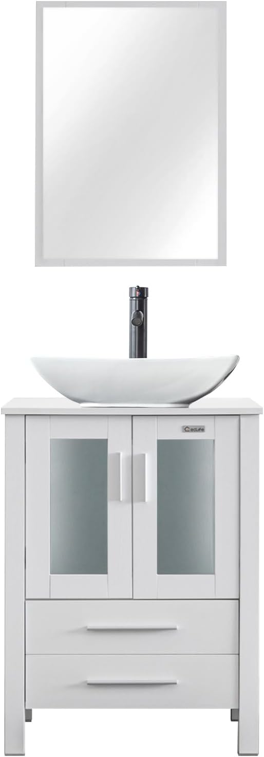 eclife 24" Modern Bathroom Vanity Sink Combo Freestanding Cabinet with Soft Closing Door, White Curved Ceramic Vessel Sink, Water Save Faucet, Drain (White+T32)