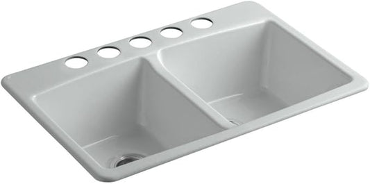 KOHLER 5846-5U-95 Brookfield Under-Mount Double-Equal Bowl Kitchen Sink with 5 Oversized Faucet Holes, Ice Grey