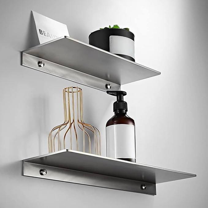 16Inch Stainless Steel Wall Mounted Floating Shelf Drilling or Shelf Adhesive Modern Room Decor Wall Shelf Floating Shelf for Bathroom Bedroom Decor