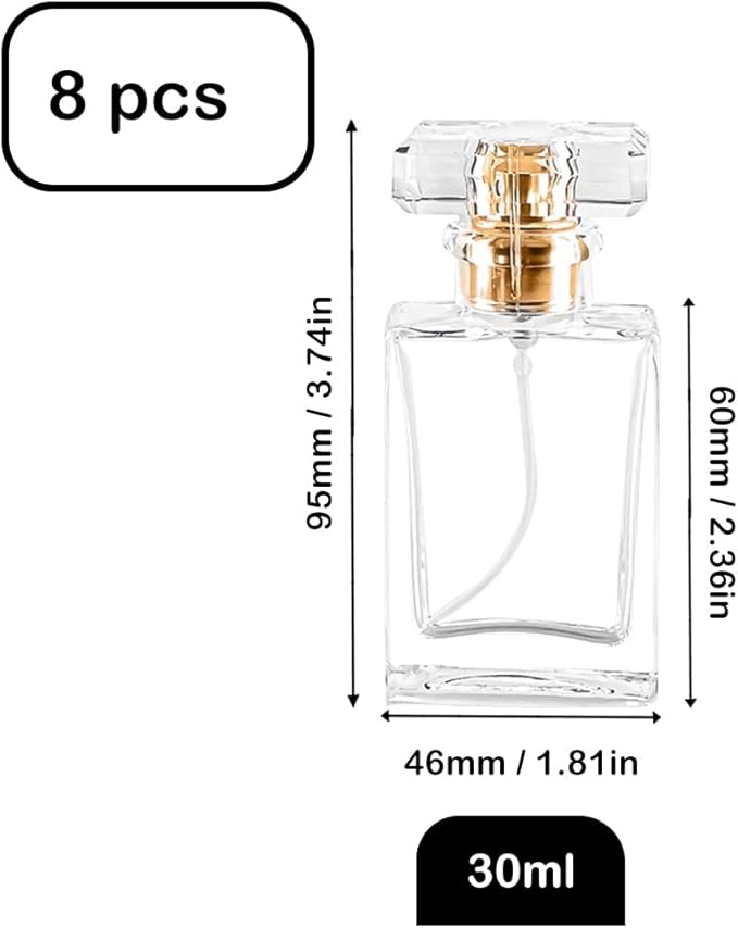 Empty Refillable Perfume Spray Atomizer - 8 PCS 30ml Glass Clear Travel Container - Fine Mist Pump Dispenser (Square)