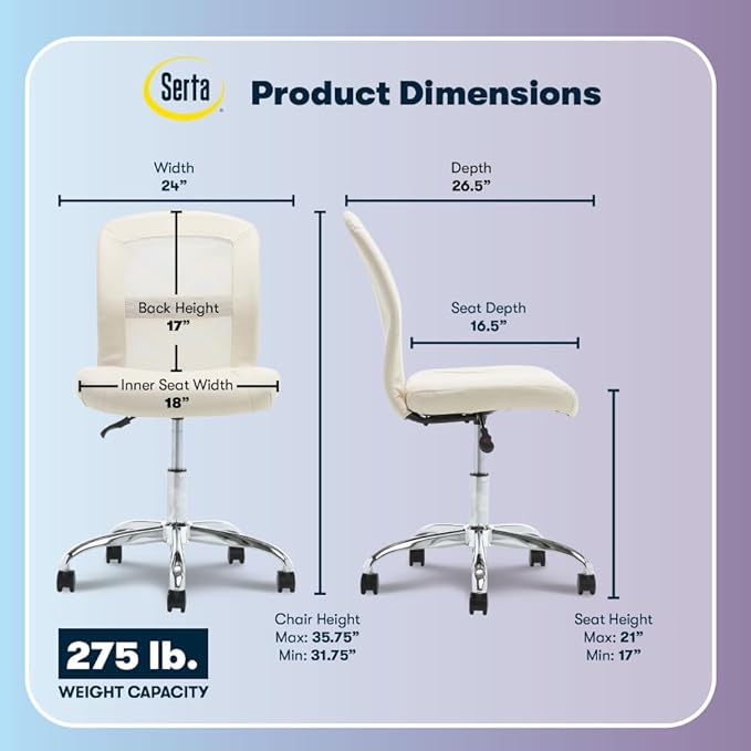 Serta Essential Armless Task Chair, Small Desk Chairs with Wheels, Breathable Mesh Back and Faux Leather, Quality Foam Cushion Seat for Comfort, Minimal Design for Vanity Table, Cream