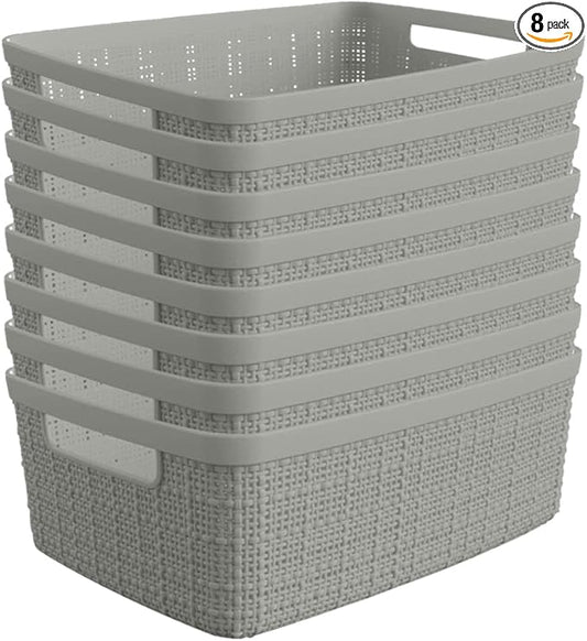 Curver Set of 8 Small 4.5L Jute Decorative Plastic Organization and Storage Baskets - Perfect Bins for Home Office, Closet Shelves, Kitchen Pantry and All Bedroom Essentials, Grey