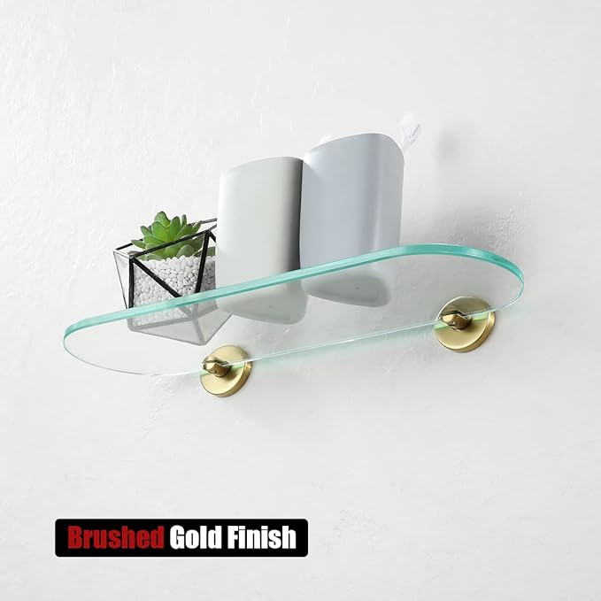 JQK Bathroom Glass Shelf Gold, Tempered Glass Shower Storage 16 by 5 inches, 304 Stainless Steel Brushed Gold Wall Mount 2 Pack, TGS121L16-BG-P2