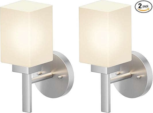 Bathroom Light Fixtures Brushed Nickel Vanity Light with White Frosted Glass Shade, Wall Lamps for Mirror Kitchen Bedroom Porch, 2 Pack T002BR-L1-P2