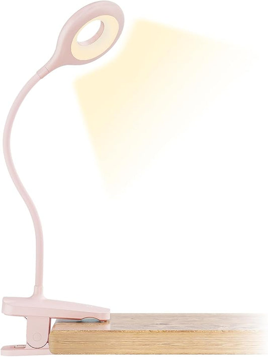 CUHIOY Clip on Reading Light for Bed, Rechargeable Battery Desk Lights, 5 Colour 5 Brightness & Touch Control Headboard Lamp, Large Clamp Lamp with Flexible Neck, Eye Protect LED Bedside Light, Pink