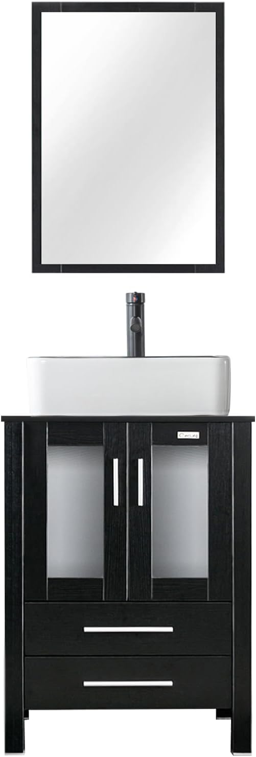 eclife 24" Modern Bathroom Vanity Sink Combo Freestanding Cabinet with Soft Closing Door, White Black Ceramic Vessel Sink, Water Save Faucet, Drain (Black+T03BK)