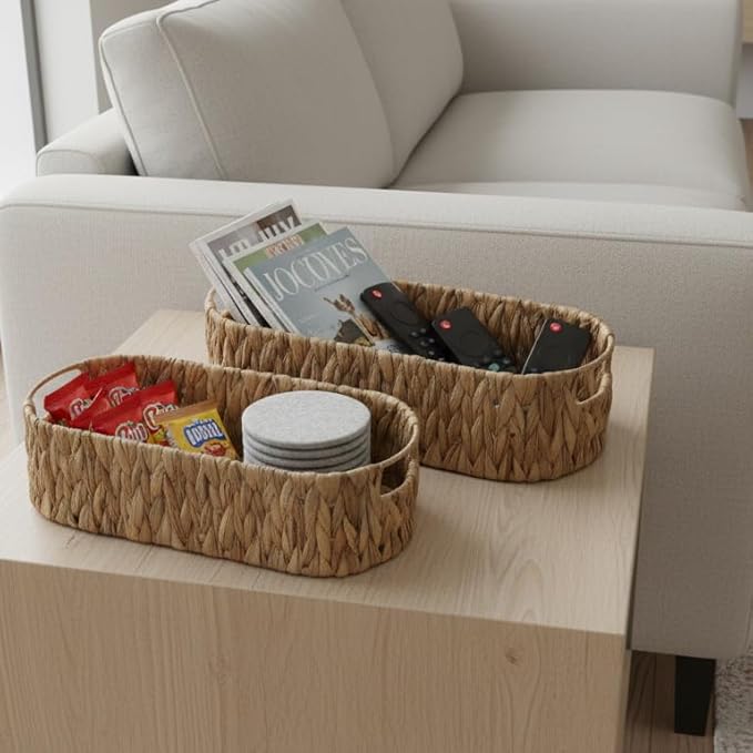 Toilet Paper Storage, Basket with Handles, Bathroom Decor, Wicker Basket, Storage Basket for Organizing, Empty Gift Basket, Shelves, Back of Toilet Basket (14.2" × 6.3" × 3.9")