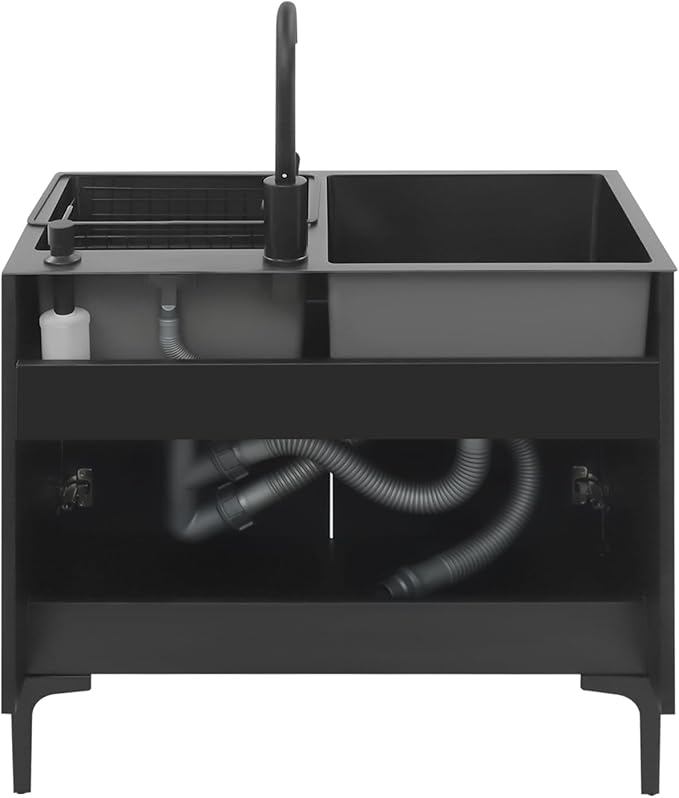 30-Inch Laundry Sink with Cabinet & Hot/Cold Faucet, Large Utility Sink Cabinet with Stainless Steel Double Sinks & Drain Basket, Freestanding Black Cabinet with Sink for Laundry&Utility Room,Kitchen