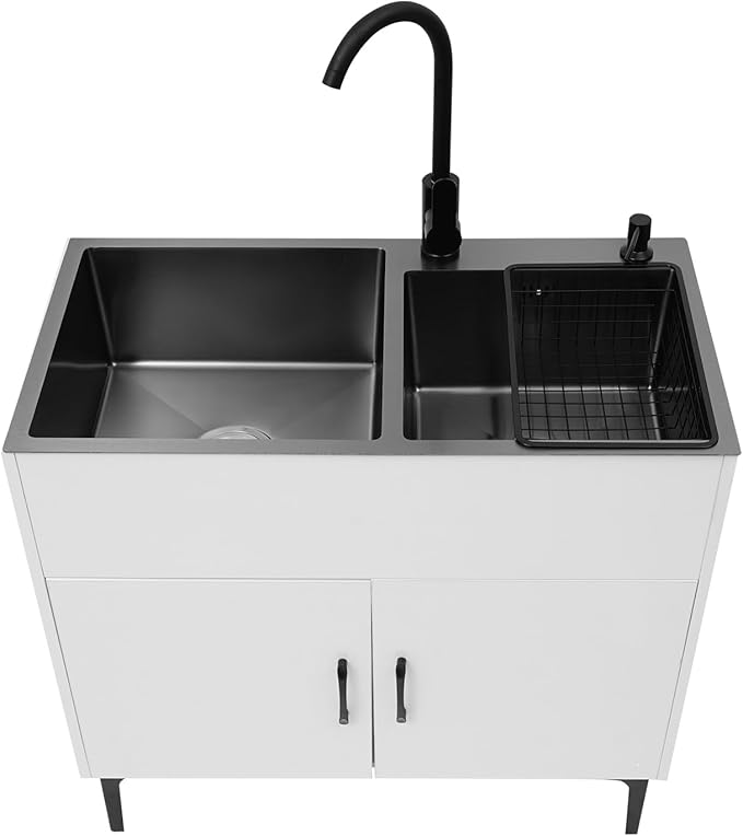 Laundry Room Double-bowl Sink Cabinet, Utility Sink Cabinet with Cold & Hot Faucet Freestanding, Bathroom Kitchen Stainless Steel Laundry Sink 31.89x16.93x30.71in(White)