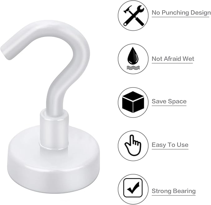 E BAVITE Strong White Magnetic Hooks Heavy Duty, Cruise Cabin Ship Essentials 30Lbs 10 Pack Rare Earth Magnets Hook for Refrigerator, Grill, Home, Kitchen, Office