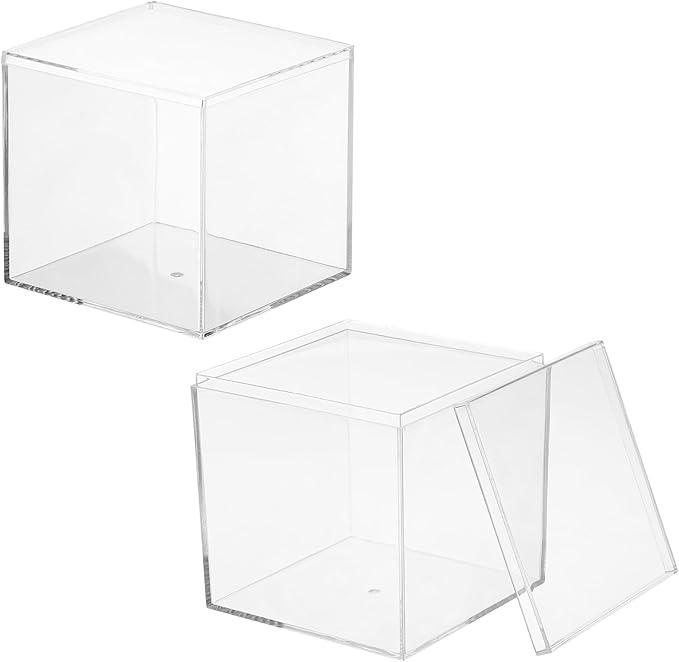 Acrylic Box with Lid, 3.35 x 3.35 x 3.35 in Acrylic Display Case Plastic Square Cube Container Storage Holder Stackable Bins for Cosmetic Collectible Candy Jewelry(2 Pack, Clear)