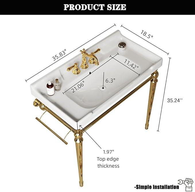 36" Bathroom Console Sink, Wall-Mounted White Ceramic Vanity Basin with 3 Pre-drilled Faucet Holes, Freestanding Gold Stainless Steel Support Legs with Towel Bar, No Faucet - Rome, White