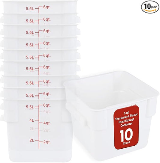 Restaurantware Food Storage Container 10 Pack of 6 qt Plastic Kitchen Storage Bin with Volume Markers Space-Efficient Design Dishwasher-Safe Polypropylene Translucent