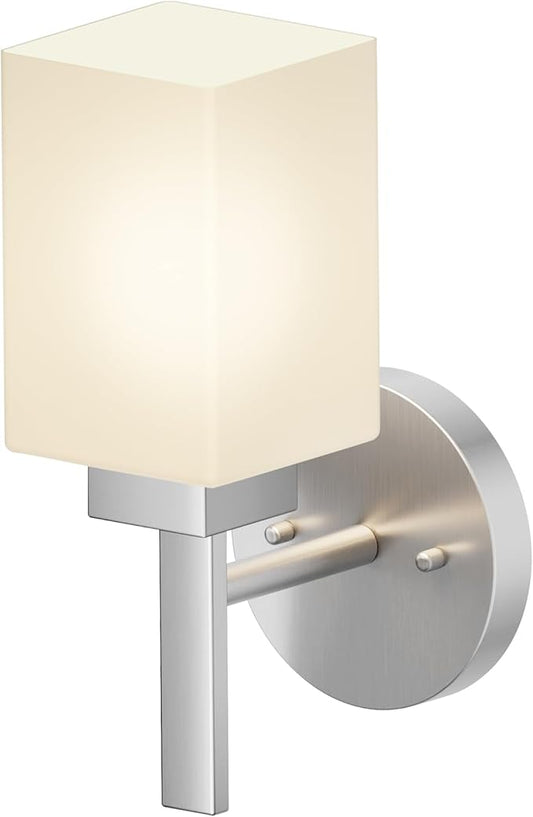 Bathroom Light Fixture Brushed Nickel Vanity Lighting with White Frosted Glass Shade, Wall Lamp for Mirror Kitchen Bedroom Living Room Porch T002BR-L1