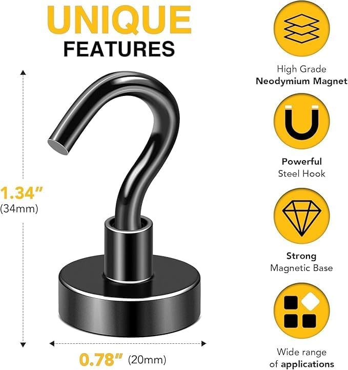 DIYMAG Magnetic Hooks, 28pack Magnet Hook Essentials Strong Heavy Duty Magnetics for Kitchen Refrigerator Hanging Classroom Cruise Cabins Accessories Hook Black