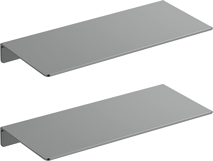 Danpoo Adhesive Floating Shelves for Wall Storage, Metal Wall Shelves for Living Room, Bathroom, Kitchen, 12” Small Display Shelves for Collectibles(Grey, 2 PCS)