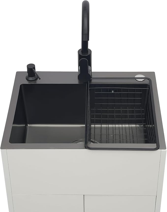 20-Inch Laundry Sink with Cabinet & 360° Swivel Hot/Cold Faucet, Freestanding Kitchen Sink Cabinet with Stainless Steel Sink & Drain Basket, White Cabinet with Sink for Laundry&Utility Room