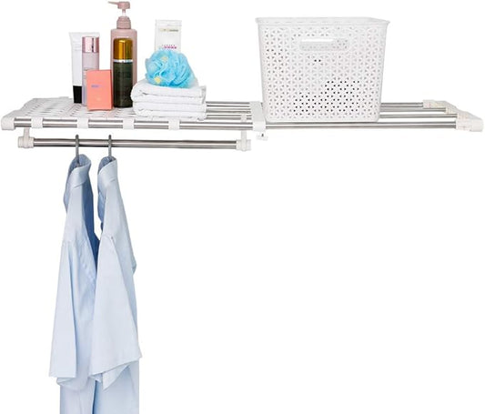 BAOYOUNI Closet Expandable Shelf Rod Clothes Storage Rack Holder Wardrobe Hanger Dividers with 12 Mesh Spacers and 1 Hanging Rod, 37.4-66.93 in