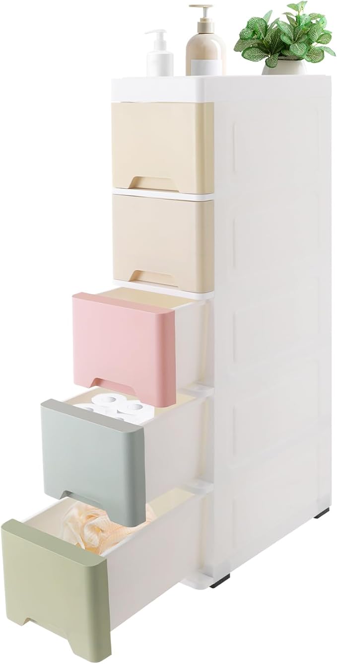 5-Tier Slim Bathroom Storage Cabinet with Wheels, Narrow Plastic Drawer Organizer Cart, Colorful Storage Cart for Bathroom, Kitchen, Laundry Small Spaces 7.09"x14.96"x32.68"