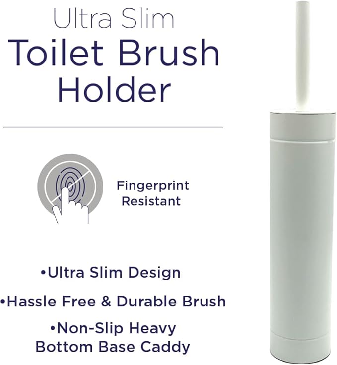 Toilet Bowl Cleaning Brush and Holder with Lid, Slim Design, 304 Stainless-Steel, Fingerprint-Proof, Rust Resistant, Heavy-Weight Base (2 Pack, White)