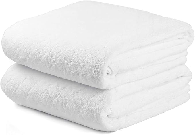 Microfiber Bath Towels Set of 2, 30 in x 60 in, Oversized, Ultra Soft, Super Absorbent, Fast Drying, No Fading Large Bathroom Towel Set for Sport, Travel, Fitness, SPA,Yoga (Coral Fleece - White)