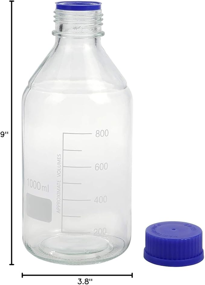Lab Media Storage Round Bottles Graduated Glass Container GL45 Screw Cap Leakproof Multi-Purpose for Scientific — pack of 4 (Blue,1000ml)