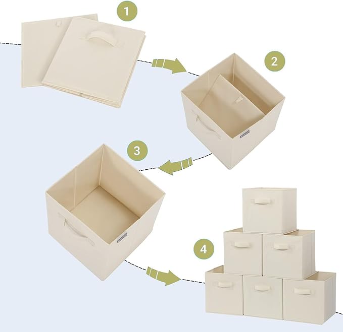 Storage Cubes, 11 Inch Cube Storage Bins, Set of 6, Fabric Foldable Storage Bins With Handles, Closet Storage Organizer Bins, Cubby Clothing Storage Baskets for Shelves, Beige