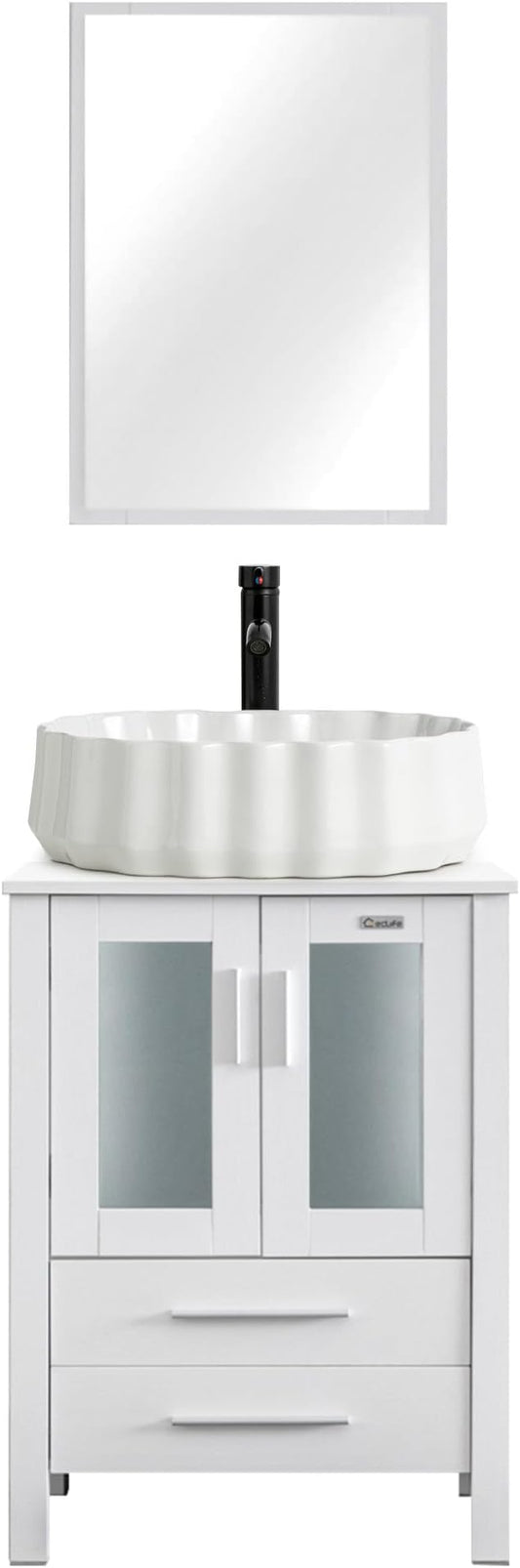 eclife 24" Modern Bathroom Vanity Sink Combo Freestanding Cabinet with Soft Closing Door, White Shell Ceramic Vessel Sink, Water Save Faucet, Drain (White+T54)