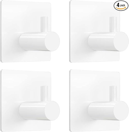 VIS'V Adhesive Towel Hooks, Waterproof Shower Wall Stick on Hooks, 2 Extra Adhesive Strips, White, 4 Pcs