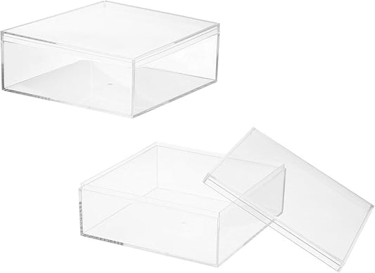 Acrylic Box with Lid, 5.91 x 5.91 x 2.36 in Acrylic Display Case Plastic Square Cube Container Storage Holder Stackable Bins for Cosmetic Collectible Candy Jewelry(2 Pack, Clear)