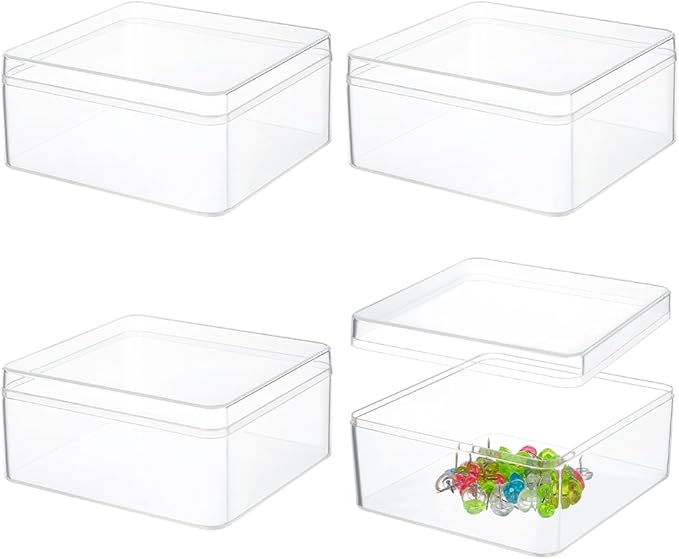 BENECREAT 4Pcs Acrylic Storage Boxes with Lids, 4.7x5x2.3inch Square Storage Containers Cube Storage Display Box for Wedding, Party, Treats, Jewelry Accessories