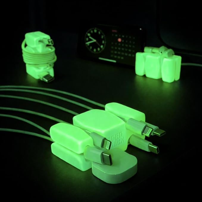 GlowBrick Stocking Stuffers for Adults Cord Management Weighted Cord Holder Cable Wrap Phone Stand - Glow-in-The-Dark Gadget Organizer for Nightstand. Gift for Men, Silicone. 4pk Yellow Glow