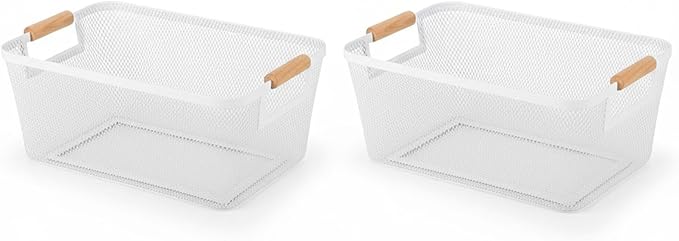 2-Pack Metal Mesh Basket, Small Wire Storage Organizer with Wood Handle for Kitchen Pantry, Bathroom, Cabinet, Closet, Picnic & Home Organization, Small, White