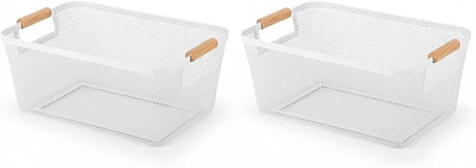 2-Pack Metal Mesh Basket, Small Wire Storage Organizer with Wood Handle for Kitchen Pantry, Bathroom, Cabinet, Closet, Picnic & Home Organization, Small, White