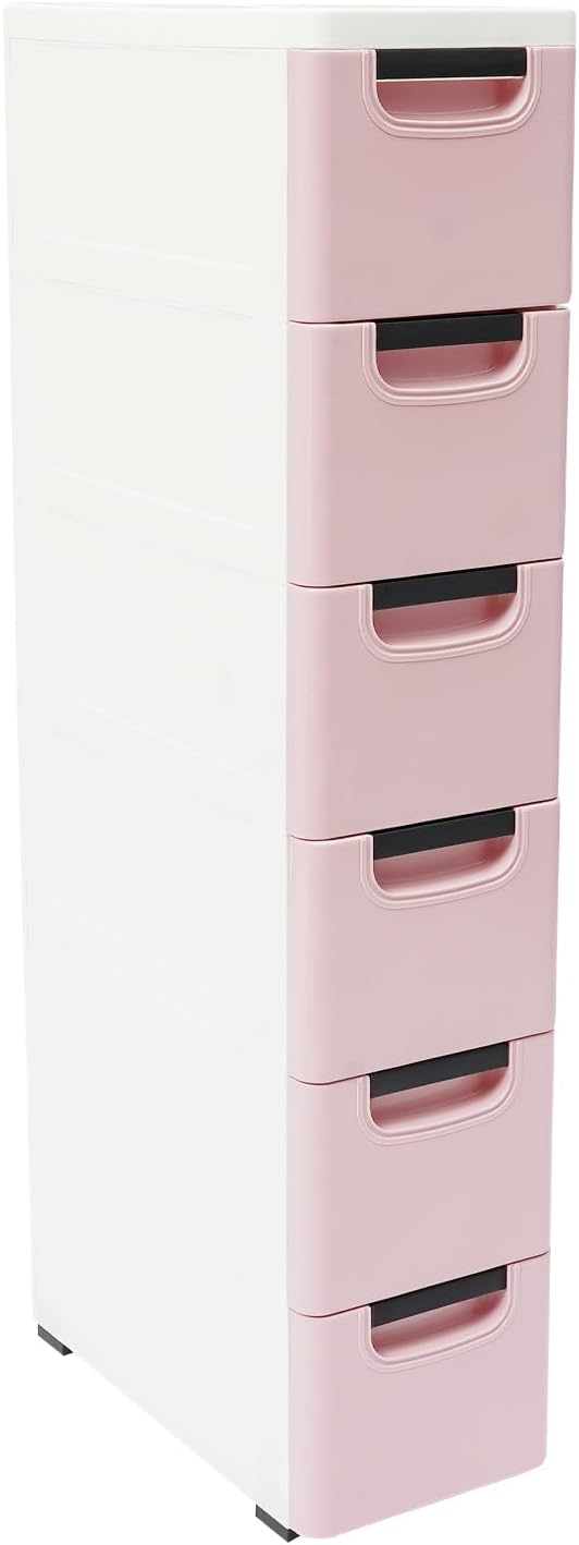 6 Drawers Storage Cabinet, Narrow Plastic Dresser, Rolling Organizer Cart, Mobile Slim Utility Cart on Wheels, Storage Drawer for Small Spaces (Light Pink)