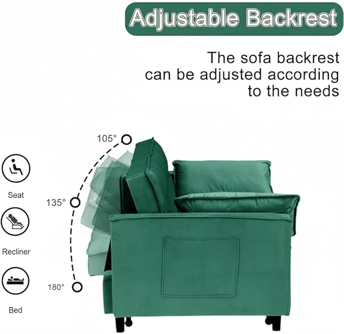 Convertible Sofa Bed, Pull Out Couch with Side Pockets, 3 in 1 Velvet Fabric Loveseat Sleeper Sofa Bed, Pull Out Couch with Adjustable Backrest for Living Room, Bedroom, Apartment, Green