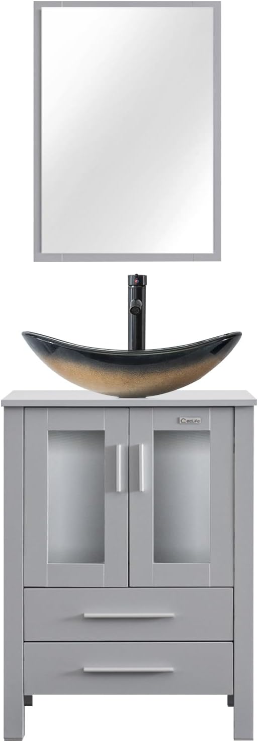 eclife 24" Modern Bathroom Vanity Sink Combo Freestanding Cabinet with Soft Closing Door, Champagne Boat Glass Vessel Sink, Water Save Faucet, Drain (Gray+A29CH)