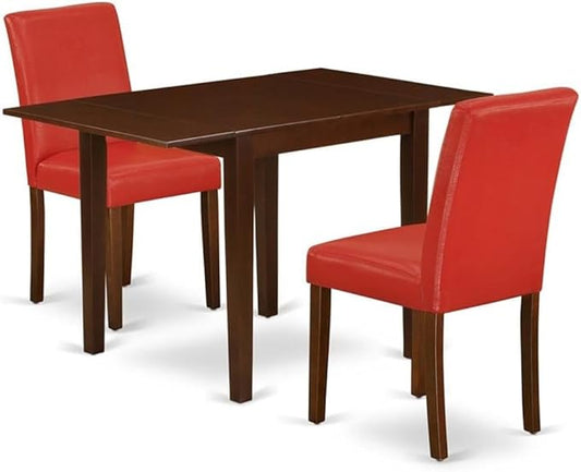 East West Furniture 1NDAB3-MAH-72 3 Piece Dining Set Contains a Rectangle Dining Room Table with Dropleaf and 2 FireBrick Red Faux Leather Upholstered Chairs, 30x48 Inch, Mahogany