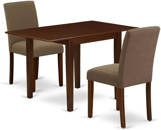 East West Furniture 1NDAB3-MAH-18 3 Piece Kitchen Table Set Contains a Rectangle Dining Room Table with Dropleaf and 2 Coffee Linen Fabric Parson Dining Chairs, 30x48 Inch, Mahogany