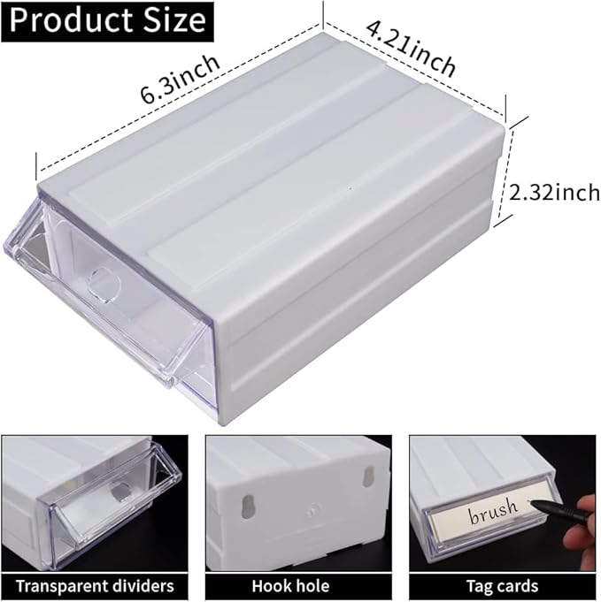 6 Pcs Drawer Stacking Storage Cabinet, White Plastic Drawers Storage Closet & 18 Pcs Clear Dividers Organizer Rack & 12 Pcs Tag Card for Home Office School