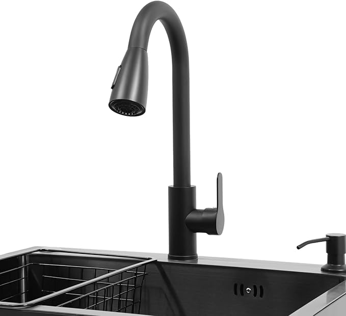 Laundry Sink Cabinet with Pull-Out Faucet, Stainless Steel Freestanding Utility Room Sink with Cabinet Utility Tub for Bathroom Laundry Room Kitchen (23.62x17.72in Black)