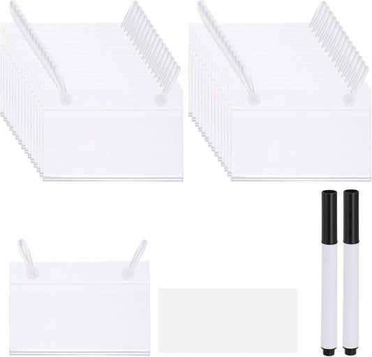 PATIKIL 3.1" x 2.2" Basket Labels Holders, 30 Pack Reusable Plastic Wire Shelf Label Holder Tag Display Clip with Button Lock with Paper Inserts Pens for Home Market Store, Clear
