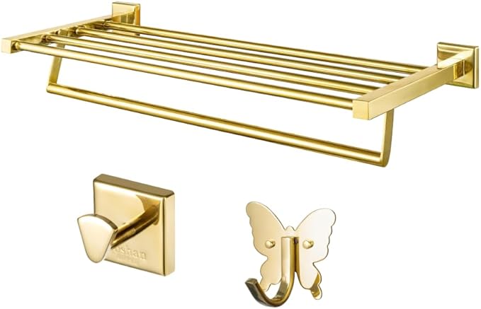 Roshan Handcrafted and Hand Polished Multi Purpose Towel Rack, SUS304 Stainless Steel Rust Proof and Peel Resistant Towel Shelf, Includes 2 Handmade Hooks (3, PVD Gold)