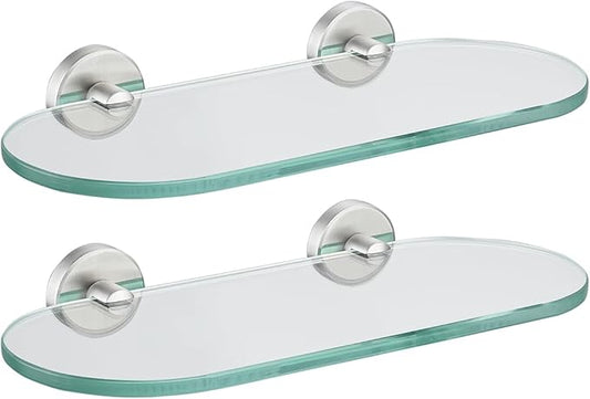 JQK Bathroom Glass Shelf, Floating Tempered Glass Shower Storage 12 by 5 inches, 304 Stainless Steel Brushed Finish Wall Mount 2 Pack, TGS121L12-BN-P2