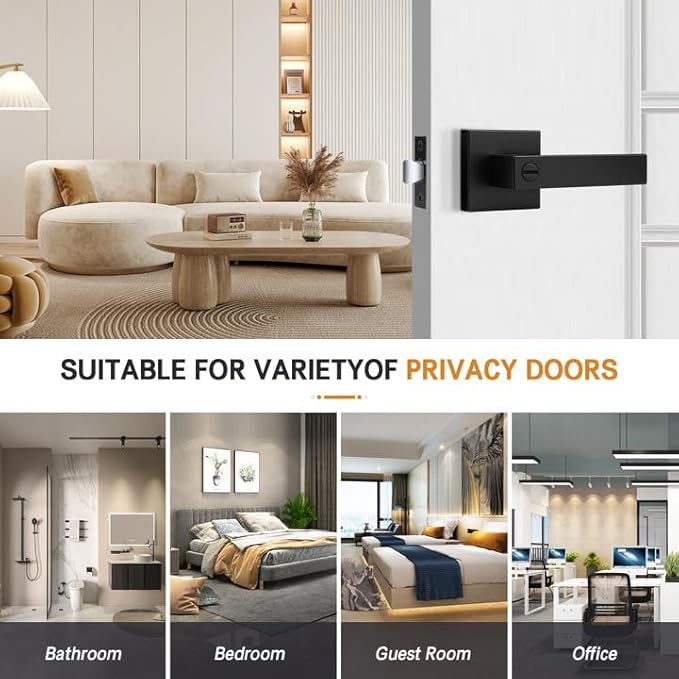 Probrico 3 Pack| Matte Black Square Privacy Door Levers Heady Duty Interior Door Handles, Keyless Locks Reversible Handlesets for Bed/Bath