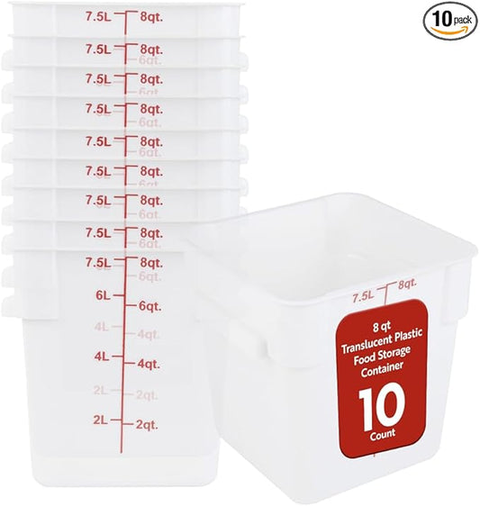 Restaurantware Food Storage Container 10 Pack of 8 qt Plastic Kitchen Storage Bin with Volume Markers Space-Efficient Design Dishwasher-Safe Polypropylene Translucent