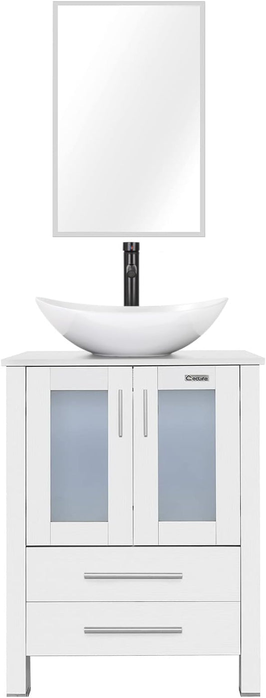eclife 24" Modern Bathroom Vanity Sink Combo Freestanding Cabinet with Soft Closing Door, White Boat Ceramic Vessel Sink, Water Save Faucet, Drain (White+T44)