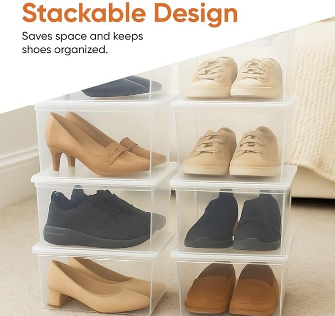 Superio Shoe Box Modern Storage Container 2 Pack - 6.5 Quart/6 Liter, Stackable Plastic Shoe Box Organizer (13.5"L x 8.35"W x 5.2"H)