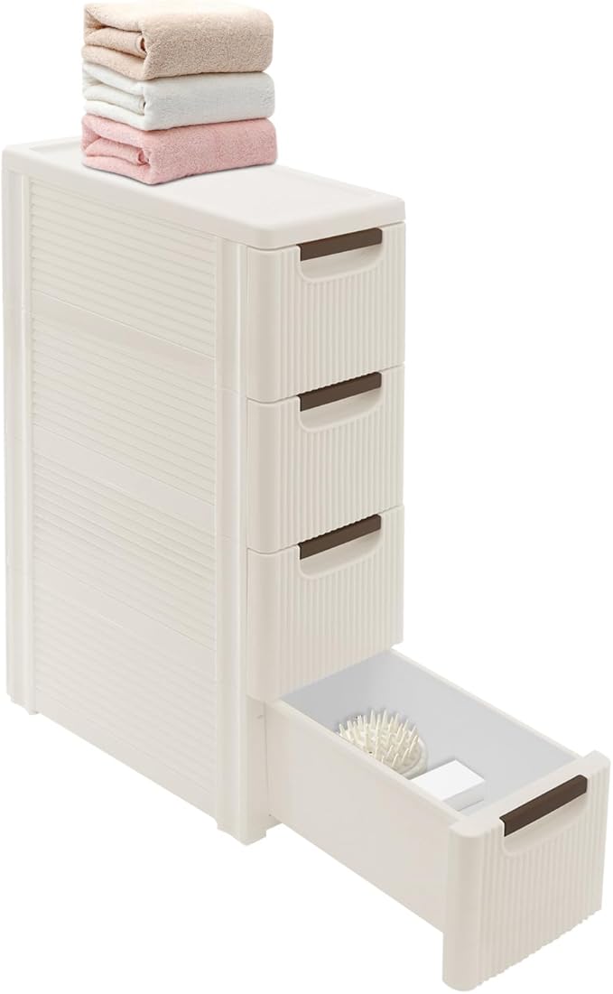 Narrow Plastic Storage Cart with 4 Drawers, Slim Rolling Organizer Dresser on Wheels, Mobile Utility Cart for Bathroom, Kitchen, Laundry Room, Bedroom & Office (4-Tier)
